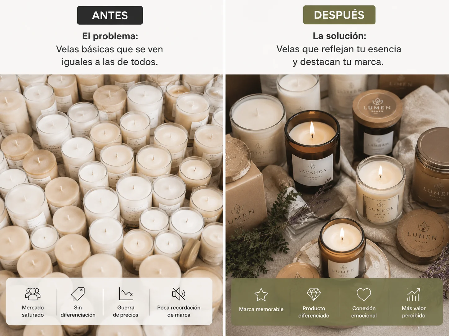 Antes y después — velas artesanales con diferenciación